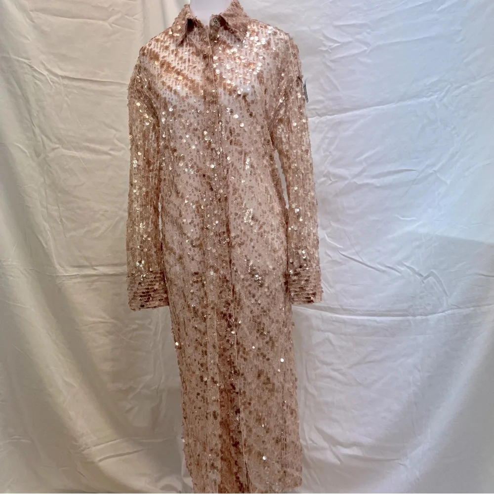 ZARA rose gold sequin collared duster with snap-up front. ZARA rose gold sequin collared duster with snap-up front.